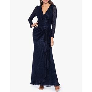 Betsy & Adam Metallic Knit Surplice V Neck Long Sleeve Ruffle Gown Navy NWT P8
